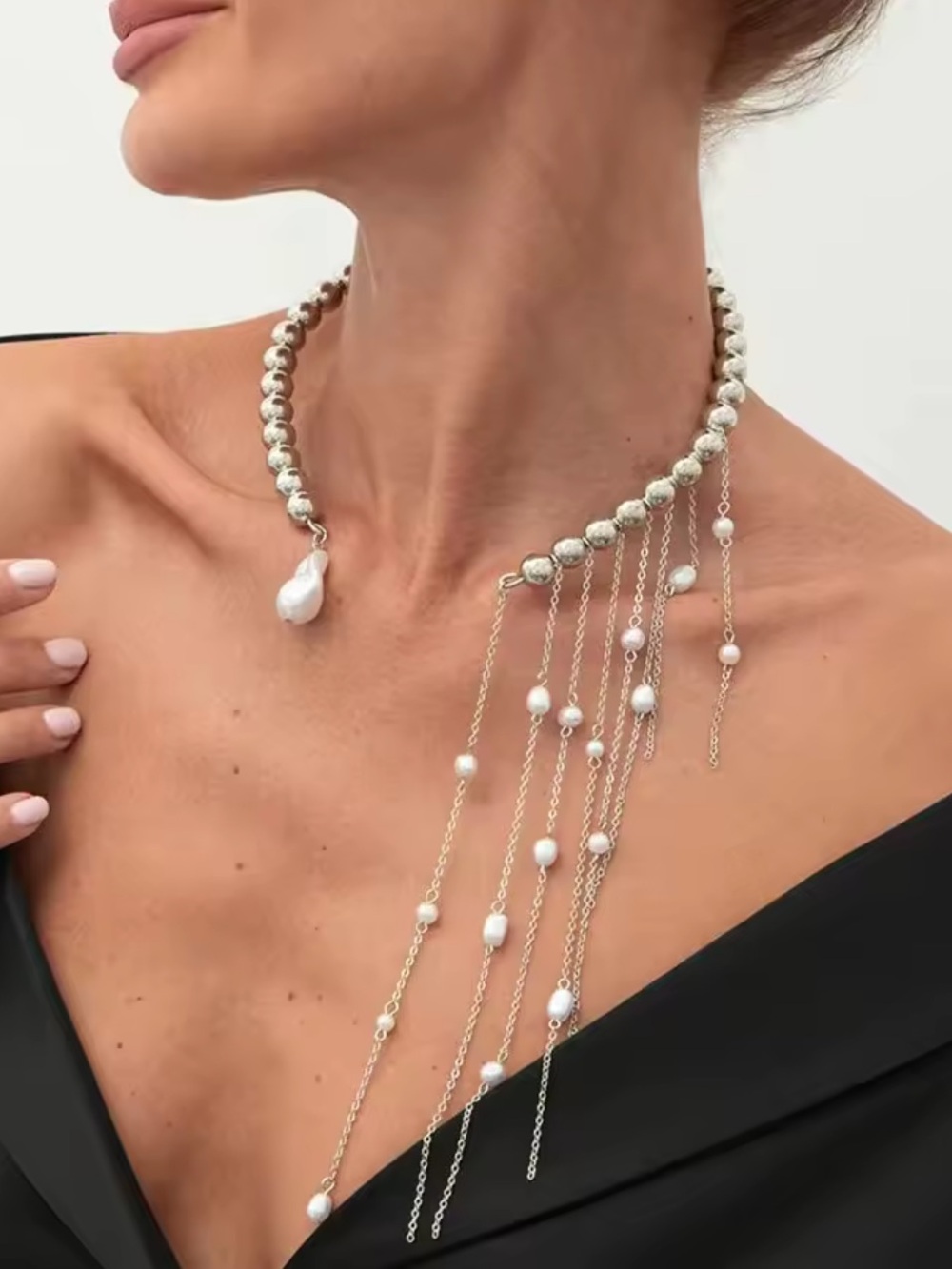 Silver Beaded Necklace with White Pearl Fringe